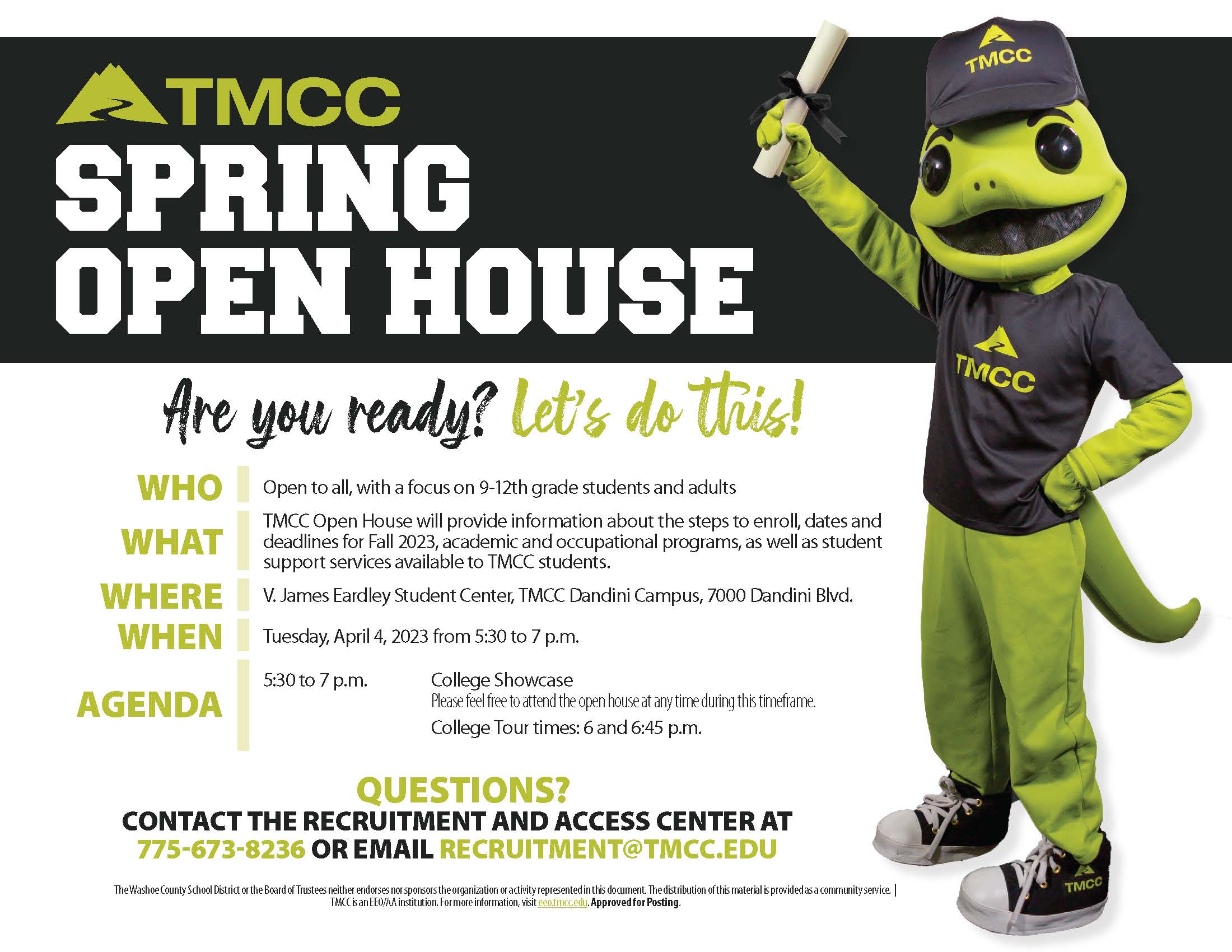 Spring Open House, Open to all, with a focus on 9-12th grade students and adultsTuesday, April 4, 2023
